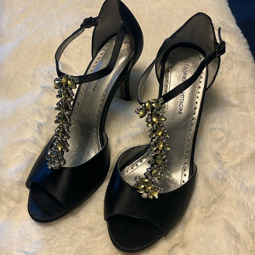 Crystal embellished and satin dress heels.